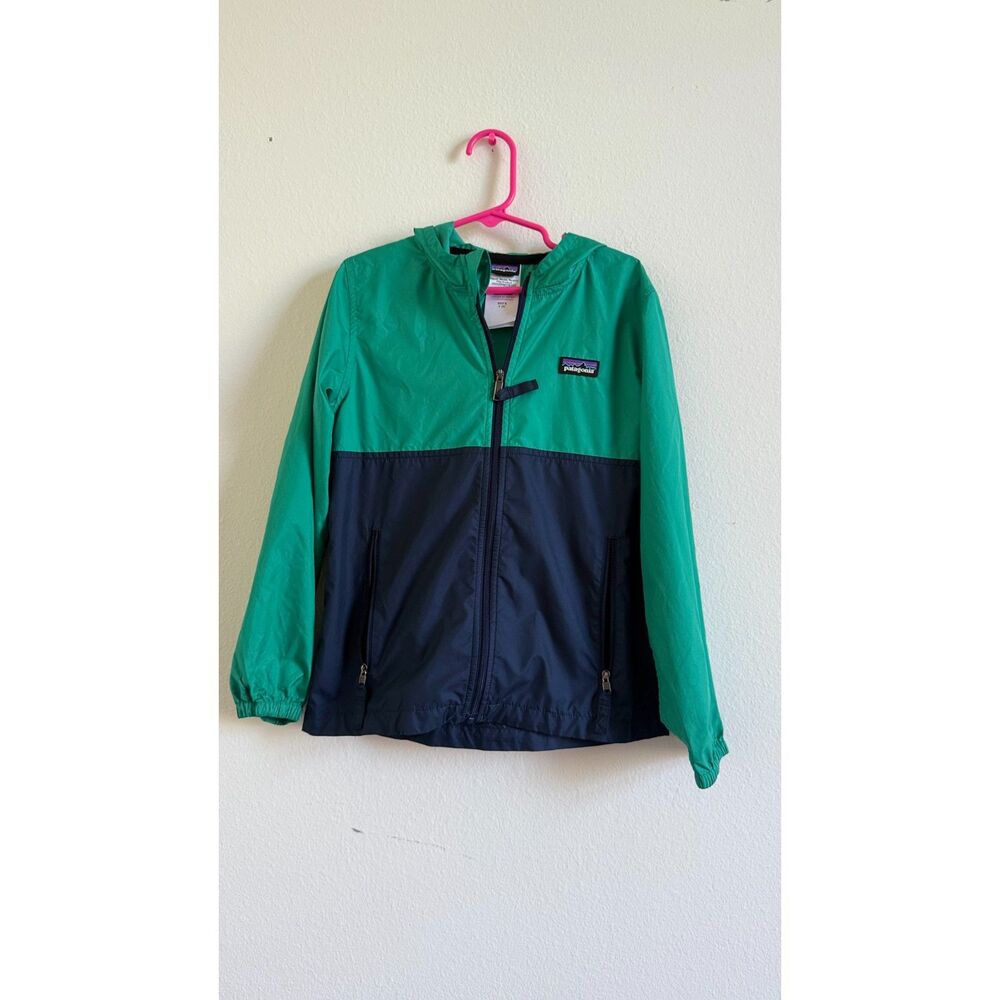 Patagonia Boys Windbreaker Jacket Size S 8 Green Navy Hooded Full Zip